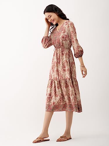 Image of AASK Abstract Printed Puff Sleeve Gathered Detailed Fit Flare Dress