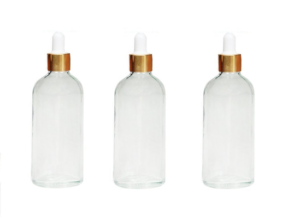 3Pcs Portable Empty Refillable Clear Glass Essential Oil Dropper Bottles Makeup Cosmetic Sample Container Jars With Glass Eye Dropper and White Rubber Cap(100ml/3.3oz)