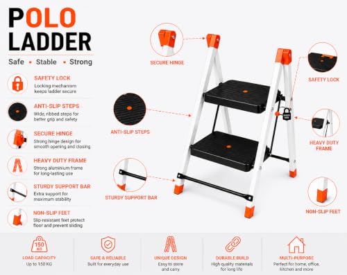 Image of CIPLA PLAST Polo 2-Step Foldable Ladder for Home & Office | Heavy Duty Anti-Slip Wide Steps | Lightweight Aluminium Step Stool | Safety Lock & Non-Slip Feet | Multi-Purpose Folding Ladder