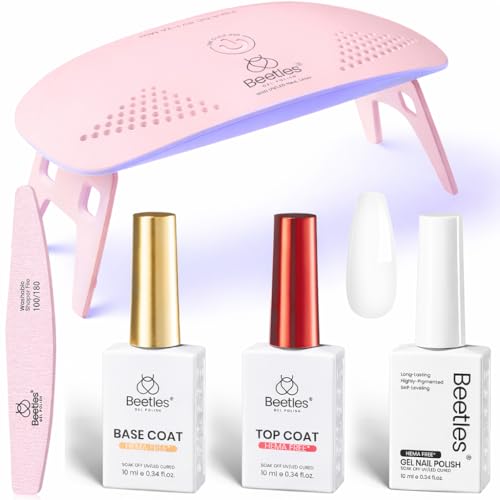 Image of Beetles 5 Pcs White Gel Nail Kit with U V Light, 10ML HEMA-Free Cloud White Gel Polish Set Portable Manicure Kit with Base & Top Nails File Coat Soak Off Home Travel Salon Tools Gifts for Women Girls