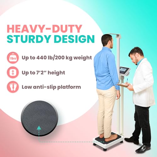 Image of Adamson M1 Medical Scale, 440 lb / 200 kg Capacity, BMI with Weight and Height, Professional Digital Scale for Body Weight, Home, Hospital, & Physicians, Heavy Duty - White