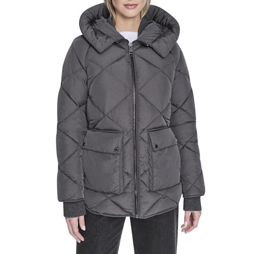 Kenneth Cole Women's Diamond Quilted Crinkle Nylon Puffer with Attached Hood2