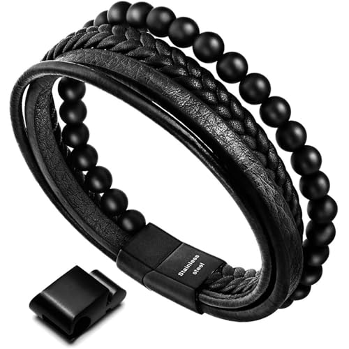 Speroto New Mens Bracelet Bead and Leather Braided, Lava and Onyx Bead Leather Bracelet for Men