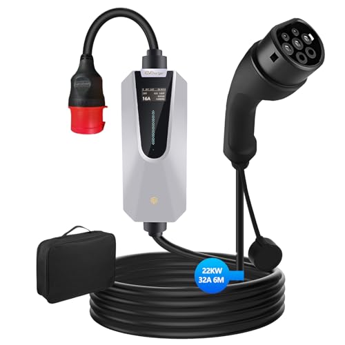 Hexinex EV Charger, Cavo di Ricarica del Veicolo Elettrico Tipo 2, con Display, Bluetooth, Spina Rossa CEE (3-Fasi | 6M, 22KW | 32A)