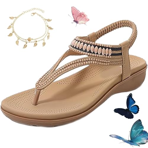 Women's T-strap Flat Sandals With Sparkling Rhinestones, 2025 Summer Bohemian Non-Slip Lightweight Flat Sandal