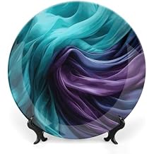 Light Emerald Green And Purple Bone China Decorative Plate with Stand, Ceramic Ornaments for Wall Hanging Decor, Porcelain Dinner Dish Decor Plates for Home, Office, Hallway, Table 7inch