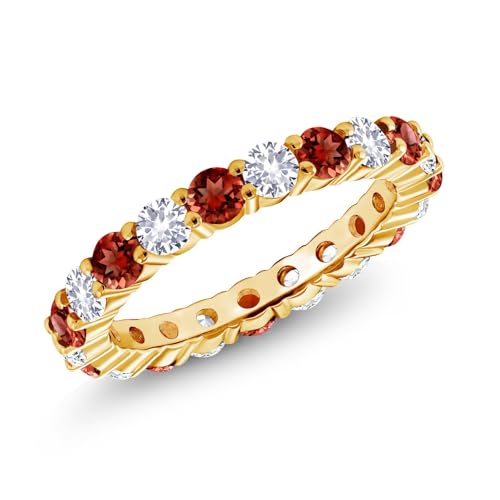 Gem Stone King 1.50 Cttw Round Red Garnet and White Created Sapphire 18K Yellow Gold Plated Silver Eternity Band Ring for Women | Gemstone Birthstone | Available In Size 5, 6, 7, 8, 9