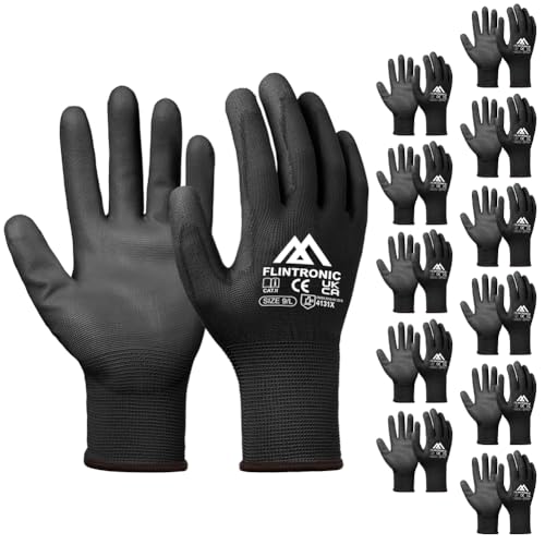 Flintronic Guantes de Trabajo Profesionales, 12 Pares, Recubrimiento de Poliéster PU, Guantes Mecanico Taller, para Jardinería, Construcción, Negro (L-9)