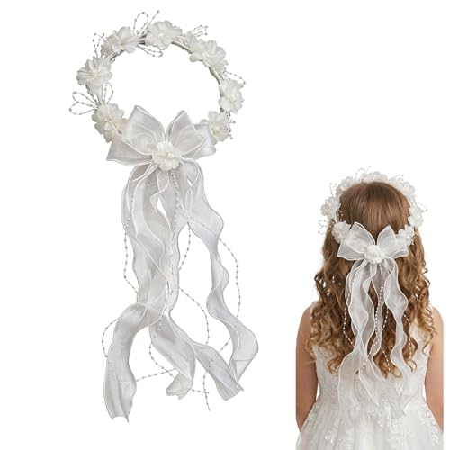 Haarschmuck Kommunion Mädchen Haarkranz Kommunion Haarschmuck für Mädchen Stirnband Erstkommunion Prinzessin Blumen Haarreif Blumenmädchen Kopfschmuck Haarband mit Blüten Perlen für Hochzeit(Weiß)