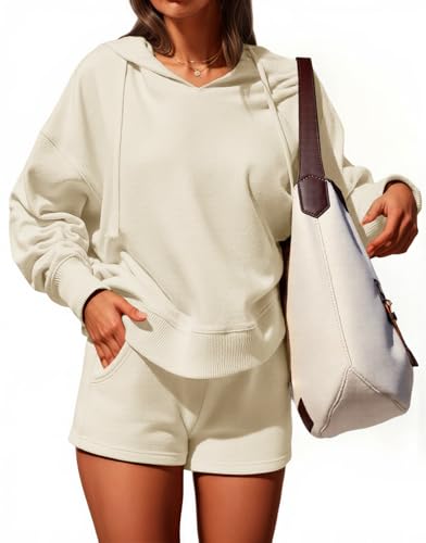 Fisoew Womens 2 Piece Outfits Casual Shorts Sweat Set Hoodie Long Sleeve Sweatsuits Comfy Lounge Sets 2025
