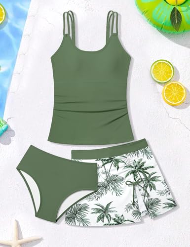 Image of Girls Swimsuit Tropical 3 Piece Tankini Adjustable Strap Bathing Suit Solid Modest Swimwear with Drastring Skirt 9-16y
