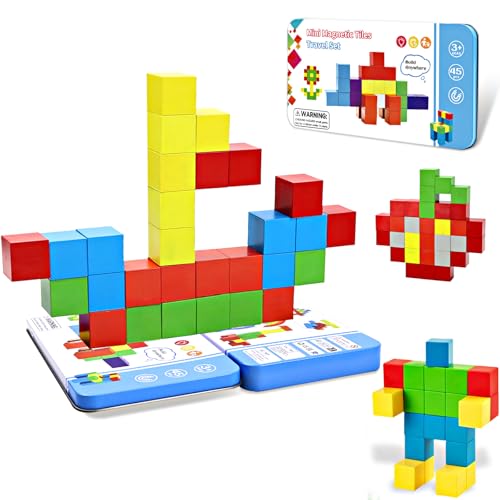 AGARELE Mini Blocs Magnétiques Ensemble de Voyage-45 Pièces Cubes Blocs Magnétiques pour Enfants Blocs de Construction Magnétique Numéro Tige Préscolaire...