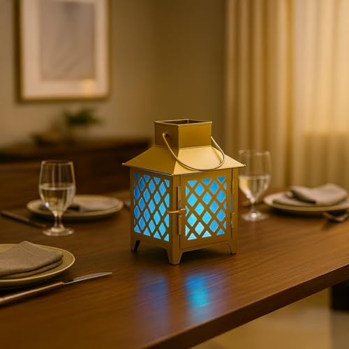 Image of MARKET 99 Metal & Glass Lantern Candle Holder with Blue Glass | Decorative Hanging & Tabletop Lantern for Diwali, Christmas, Weddings & Festive Home Decor | Golden & Blue Finish