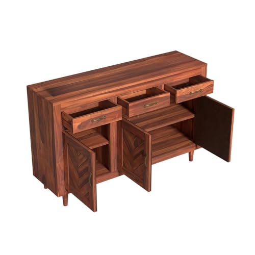 Image of Solid Sheesham Wood Sideboard Cabinet with 3 Door & 3 Drawer Storage | Wooden Storage Organizer Unit for Living Room Dining Kitchen Bedroom Hallway | Natural Honey Finish | Pre-Assembled