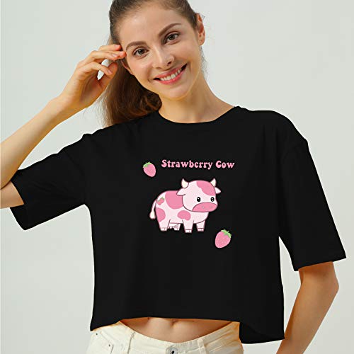 Image of KEEVICI Girls' Cute Strawberry Cow Print T Shirts Short Sleeve Crop Cotton Tops