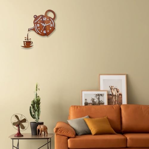 Image of Designer Wooden Wall Clock | Unique Teapot Shape Wall Clock for Home, Kitchen, Living Room & Office | Decorative Modern Acrylic Wall Clock (Wooden)