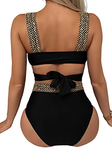 Sweatyrocks Women's High Waisted Bikini Set Bathing Suit Criss Cross Two Piece Tie Back Bikini Swimsuit Set Black L #TOP1