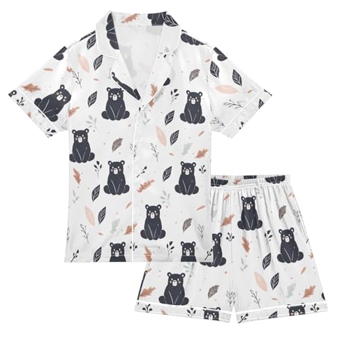 ALAZA Bear Leaf Animal White Satin Pajamas Set Short Sleeve Button Down Sleepwear Summer Pjs 2 Piece