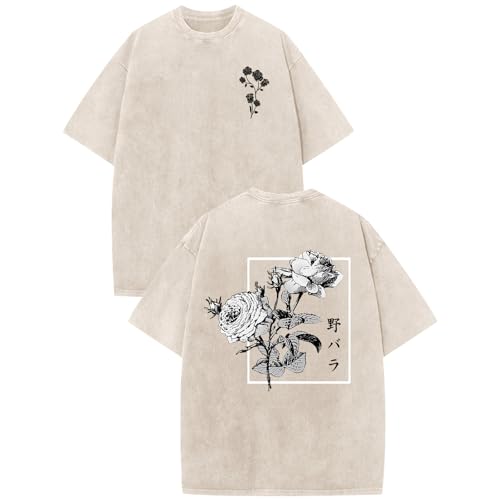 Hiehiety Japanese Graphic Tees for Men Harajuku Rose Flower Floral