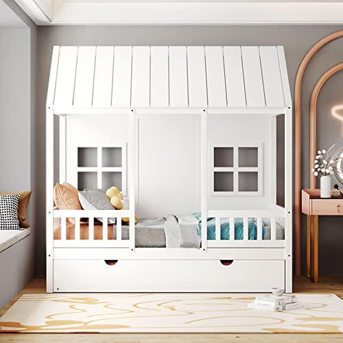 Image of House Bed with Trundle, Twin House Bed for Kids, Wooden Platform Bed Frame with Headboard and Roof, for Girls Boys (Twin Size, White)