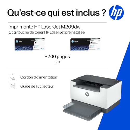 HP LaserJet M209dw, 6GW62F, Imprimante monofonction A4, Impression Recto Verso Automatique en Noir et Blanc, 29 ppm, USB, Wi-FI, Ethernet, Smart, sans fax, sans ADF, écran LCD à icônes, Grise