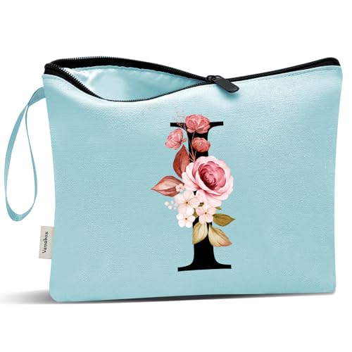 Image of Vavabox A-Z Personalized Makeup Bag, Birthday Gifts for Women Mom, Gifts for Best Friend, Bride Bridesmaid Cosmetic bag (I, Green)