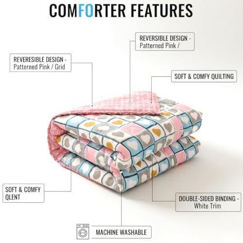 Image of BENAVJI Single Bed Comforter, Reversible Soft Microfiber AC Comforter, All Season Lightweight Quilt Blanket, Pink Heart Check