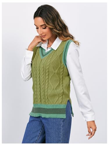 OYOANGLE Women's Striped Trim Sleeveless V Neck Pullover Sweater Vest Split Hem Tank Top Knitwear4