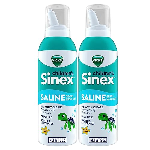 Image of Vicks Sinex, Children's Saline Nasal Spray, Drug Free Ultra Fine Mist with Hint of Aloe, Ages 1+, Fast Everyday Stuffy Nose Relief for Kids, Clear Mucus from a Cold or Allergy, 5 OZ x 2