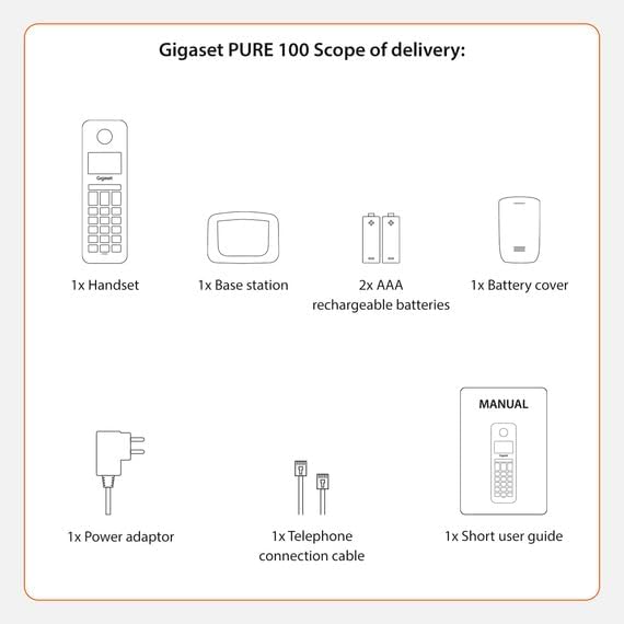 Diagram showing all components included in the Gigaset Pure 100 package