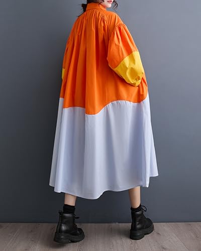 ellazhu Women's Button Down Patchwork Maxi Length Oversized Color Block Shirt Dress GZ133 A3