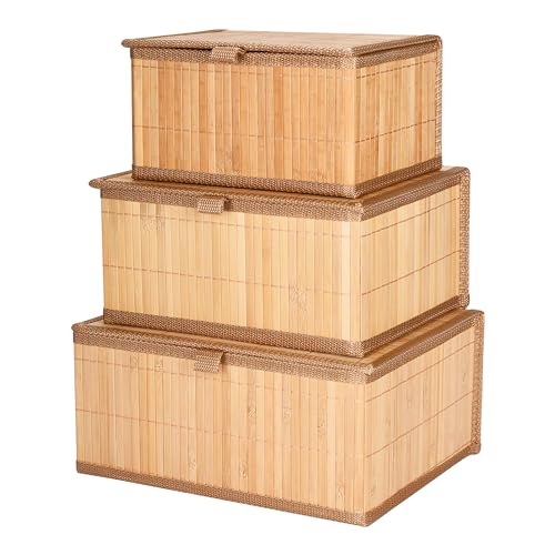 Bamboo Decorative Storage Boxes With Lids – Nesting Rectangular Lidded Box for Organization – Stackable Basket with Cloth Liner – Organizer for Toys, Home, Office – Woven Basket – Set of 3