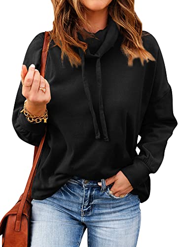 Ezcosplay Women Cowl Neck Sweatshirt Casual Long Sleeve Pullovers Shirt Drawstring Sport Loose Tops Black #TOP15