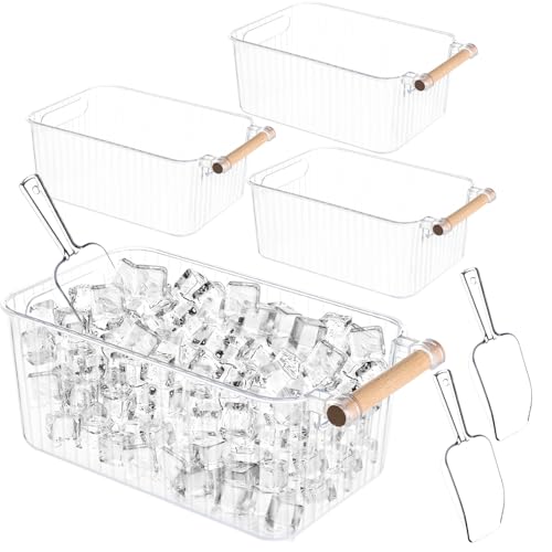 Image of 4 Piece Ice Bin and 2 Flexible Scoop Set Plastic Freezer Ice Bin with Handle Clear Storage Bucket for Container with Bucket Scoop Kitchen Fridge
