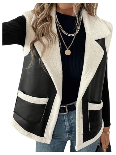 MakeMeChic Women's PU Leather Fuzzy Vest Open Front Sleeveless Pocket Warm Jacket