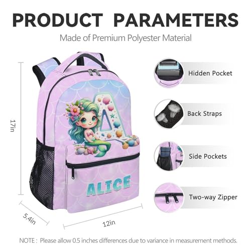 Custom Backpack for Girls, 17 Inch Personalized Cute Initial Mermaid Backpacks for Kids, Pink Lightweight Bookbag for School4