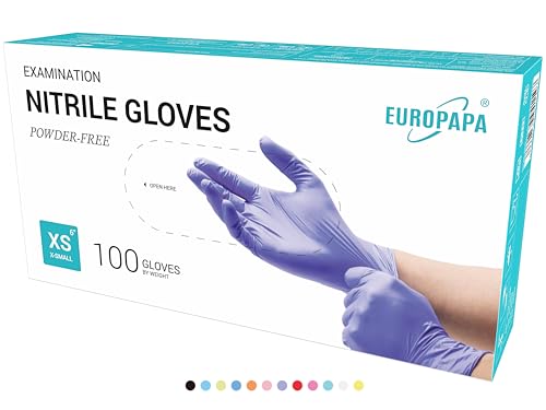 EUROPAPA 100 Guantes De Nitrilo Desechables, Guantes Desechables, Guantes De Examen, Guantes De Nitrilo, Sin Polvo, Sin LÁTex, No EstÉRiles, Sin LÁTex, Guantes Disponables (XS, Morado)