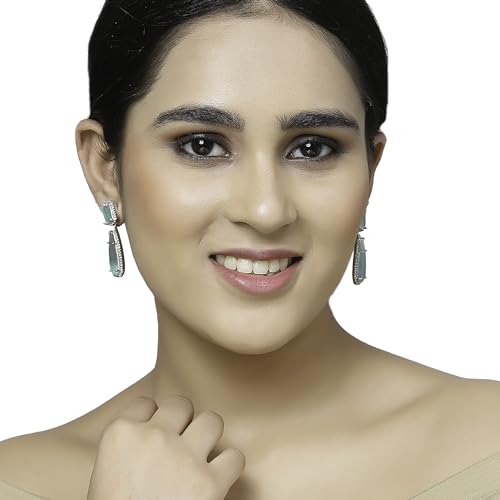 Rhodium-Plated Teardrop Drop Earrings with American Diamond Studs