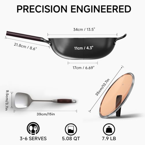 Image of 13.5 inch Pre-Seasoned Flat Bottom Carbon Steel Wok with Lid Spatula | Naturally Nonstick Woks & Stir-fry Pan, Black Traditional Chinese Cookware for Induction, Electric, Gas, Great for BBQ, Grill