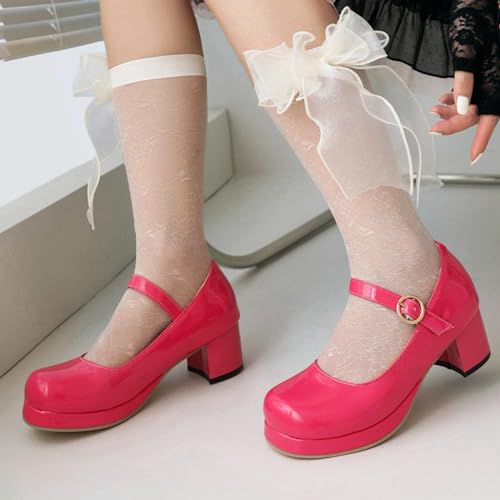LUXMAX Women Patent Leather Mary Janes Block Heel Platform Pumps Ankle Strap Buckle Chunky Heel Pumps Closed Square Toe Dress Shoes4