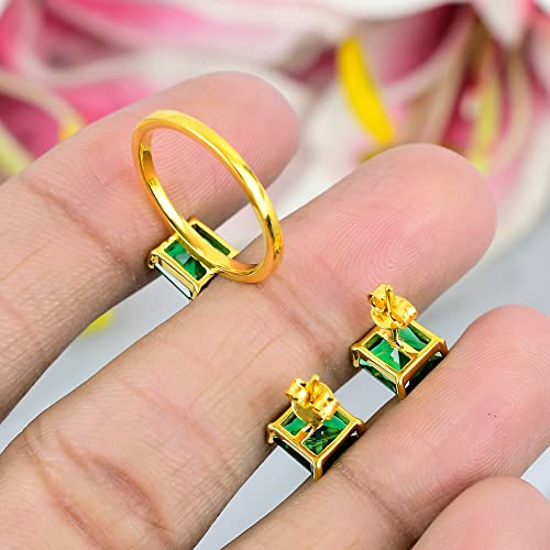 925 Sterling Silver Earrings For Girls Emerald Gemstone Stud For Woman Ear Cuff 7X7 Mm (Yellow Gold Plated) #TOP2