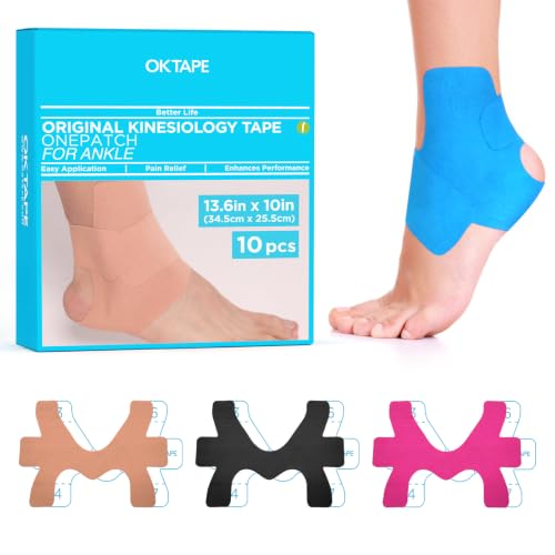 Image of OK TAPE Precut Kinesiology Ankle Tape for Women, Elastic Athletic Tape for Pain Relief, Ankle Sprain, Stability, Breathable Cotton, Daily Use - Blue, S Size, 10 Pcs