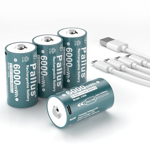 Pallus Rechargeable Lithium D Batteries with 4 in 1 USB-C Charge Cable, 4 Pack 1.5V LR20 D Size Li-ion Rechargeable Batteries, 6000mWh Long Lasting Power, Up to Charge Cycles 1600x