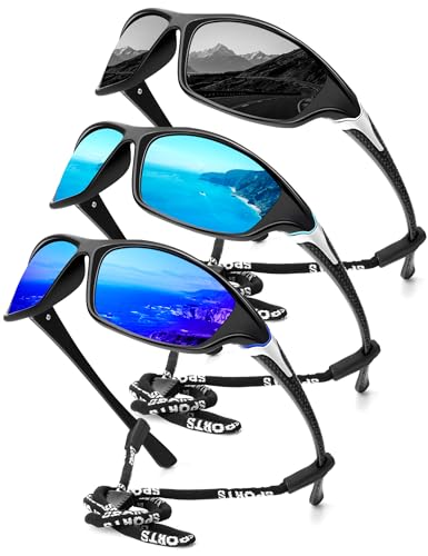 KALIYADI Sports Polarized Sunglasses Men UV400 Protection for Fishing Driving Cycling, Blue/Black/Blue, 3 Pack