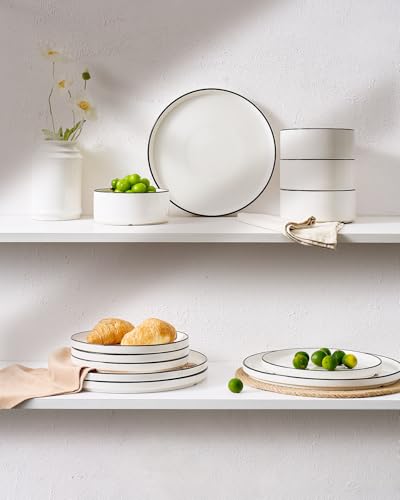 Richmount Service de vaisselle en porcelaine, set 18 pièces assiettes et bols pour 6 personnes, compatible micro-ondes et lave-vaisselle, Blanc avec contour noir – vue 6