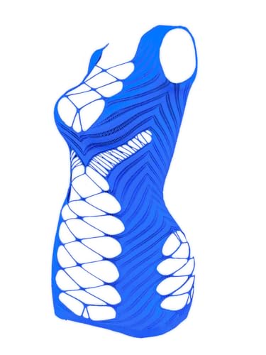 FasiCat Sexy Lingerie for Women Fishnet Halter Chemise Deep V Hot Mesh Mini Dress Bodysuit Valentine's Day Stripper Outfits (Glow Blue)