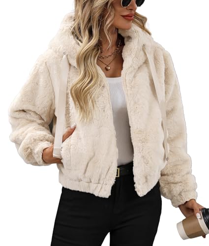 Women's Faux Fur Crop Coat Full Zip Fleece Sherpa Jacket with Hood