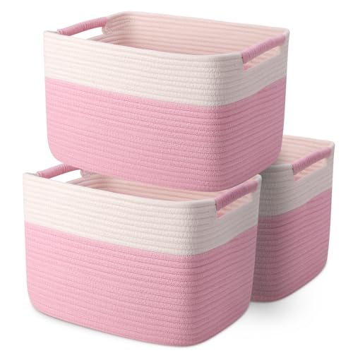 Image of Woven Organizing Baskets, Pastel Toy Storage Bin, decoration Cotton Rope Basket for Nursery, Closet，Book Shelf，Soft Storage Cube Organizer for Kids，Girls - Pack of 3，Pink