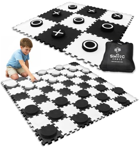 Image of Swooc Games - 2-in-1 Premium Giant Checkers & Tic Tac Toe Game (4ft x 4ft) - 100% High Density EVA Foam Mat & Pieces - Extra Large Checkers Set with Jumbo Checkerboard and Yard Size Tic Tac Toss