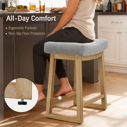 Image of Bar Stools Set of 2, Counter Height Saddle Stools with Wooden Legs, Modern Farmhouse Upholstered Backless Counter Stools for Kitchen Island, Home Bar, Grey